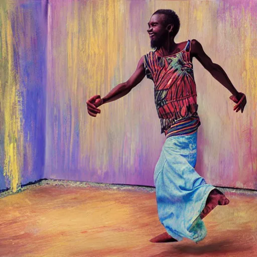 Image similar to east african man dancing inside a large photography studio by himself, intricate details, impressionist painting, figurative painting, happy, dreamy, pastel colors, studio ghibli