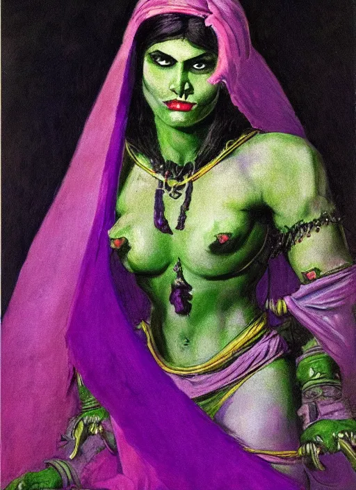 Prompt: portrait of muscular indian vampiress, jeweled veil, purple and green, strong line, saturated color, beautiful! coherent! by frank frazetta, high contrast, minimalism