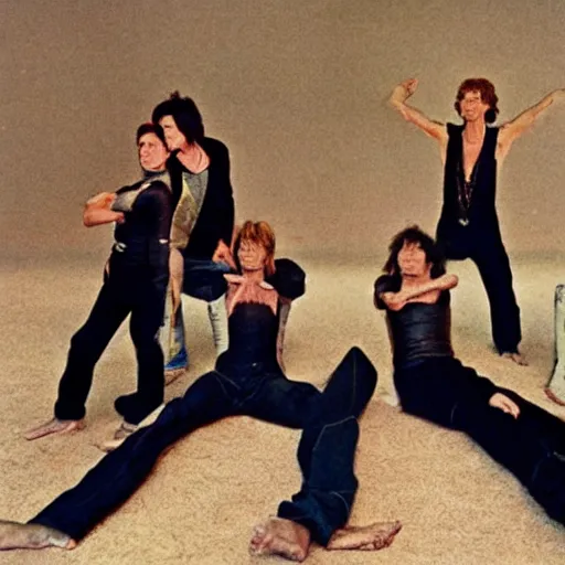 Image similar to the rolling stones band with their bodies made of bamboo in a deep meditation in normandie in france posing for vogue photoshoot photography