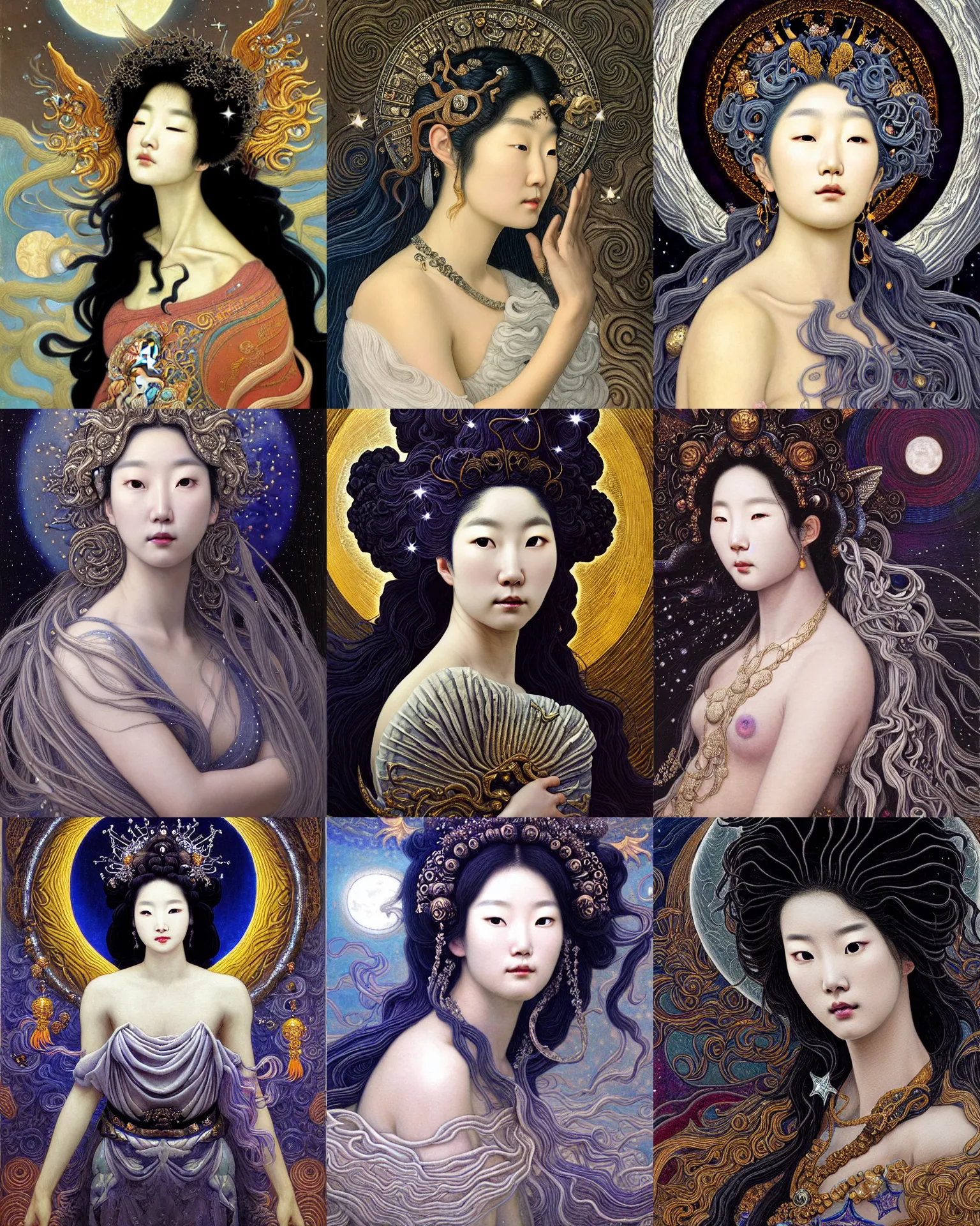 Prompt: baroque neoclassicist closeup portrait of lee jin - eun as a beautiful moon goddess with stars in her flowing hair, reflective detailed textures, glittering multiversal ornaments, dark fantasy scifi painting by diego rivera and jean delville and ruan jia and nicholas roerich and annie swynnerton, dramatic lighting, gleaming silver and soft rich colors