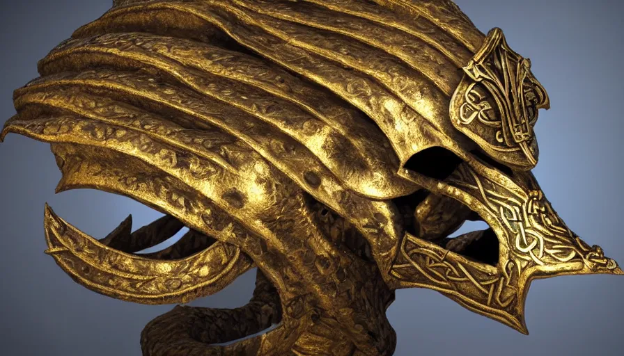 Image similar to viking dragon helmet, made from gold, photorealistic render