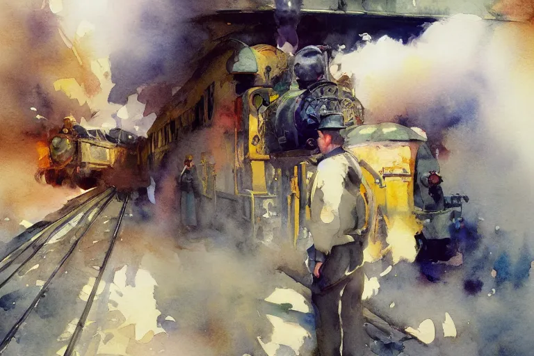 Prompt: small centered on watercolor paper, paint brush strokes, abstract watercolor painting of steam train voyage, cinematic light, national romanticism by anders zorn, by hans dahl, by jesper ejsing, by greg rutkowski, by greg manchess, by tyler edlin, by craig mullins