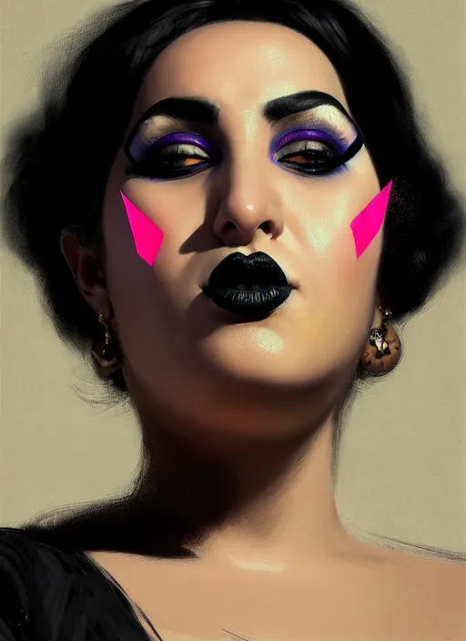 Prompt: portrait of a plump egyptian woman with a crooked nose and a confident expression, 1 9 6 0 s, black clothes, goth, punk, brightly coloured hair, funk, intricate, elegant, highly detailed, digital painting, artstation, concept art, smooth, sharp focus, illustration, art by wlop, mars ravelo and greg rutkowski