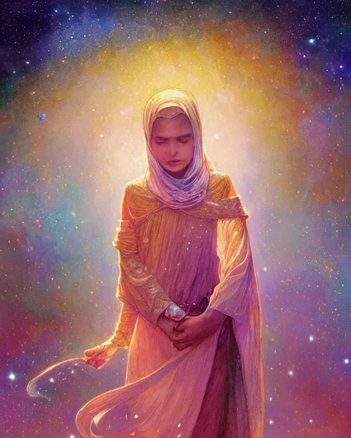 Image similar to bedouin child praying in galaxy walking towards mosque surrounded by nebula, highly detailed, gold filigree, romantic storybook fantasy, soft cinematic lighting, award, disney concept art watercolor illustration by mandy jurgens and alphonse mucha and alena aenami, pastel color palette, featured on artstation