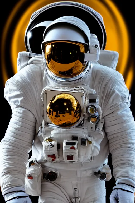 Image similar to extremely detailed studio portrait of space astronaut, holds a smart phone in one hand, phone!! held up to visor, reflection of phone in visor, moon, extreme close shot, soft light, golden glow, award winning photo by eolo perfido