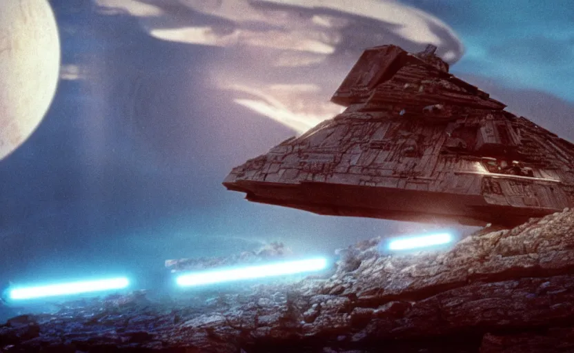 Image similar to iconic cinematic screenshot of star destroyer landing on waterfall canyon planet, from the action - packed scene from the 8 0 s star wars sci fi film by stanley kubrick, glowing, kodak film stock, 4 k, crisp, hyper detailed, photo real, anamorphic lenses 2 4 mm, lens flare,, award winning