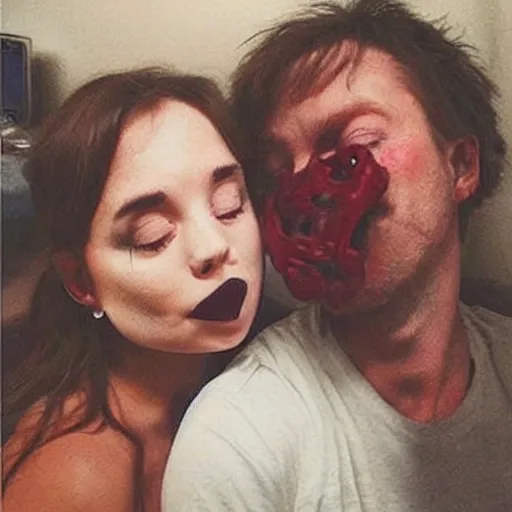 Prompt: Instagram post, creepy couple kissing