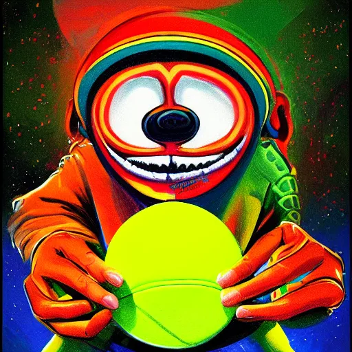 Prompt: snoop do, tennis ball monster ,tennis ball, colorful, digital art, fantasy,chalk, magic, trending on artstation, ultra detailed, professional illustration by Basil Gogos