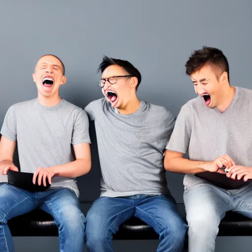 Image similar to several guys typing on keyboard while laughing very hard, mouth wide open tsticking tongues out, studio light, grey background, photorealsitic