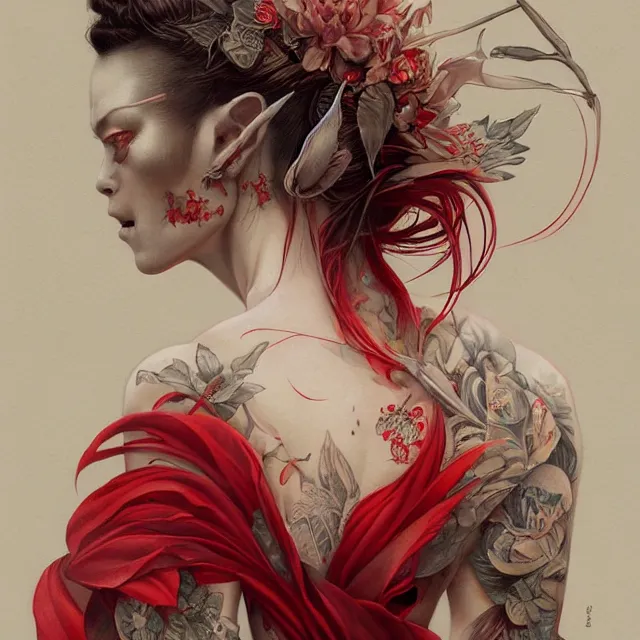 Image similar to ultra realistic illustration, beautifulwoman dressed in red kimono, backview, tattoos, in the style of peter mohrbacher by weta digital and beth cavener, high face symmetry, intricate, masterpiece, award winning, high face symmetry, intricate