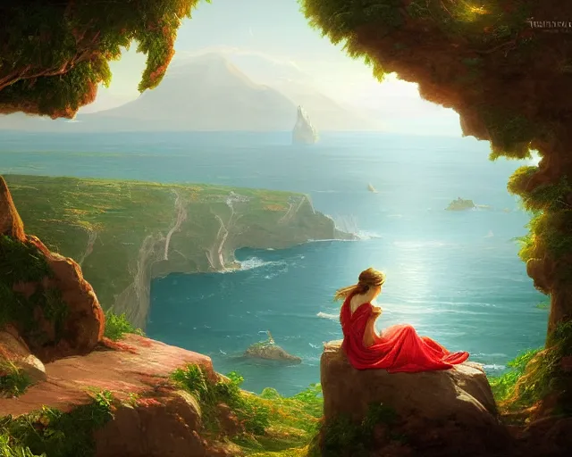 Image similar to a painting of a woman sitting on a rock overlooking an island, a digital painting by thomas cole, cgsociety, metaphysical painting, 2 d game art, storybook illustration, detailed painting