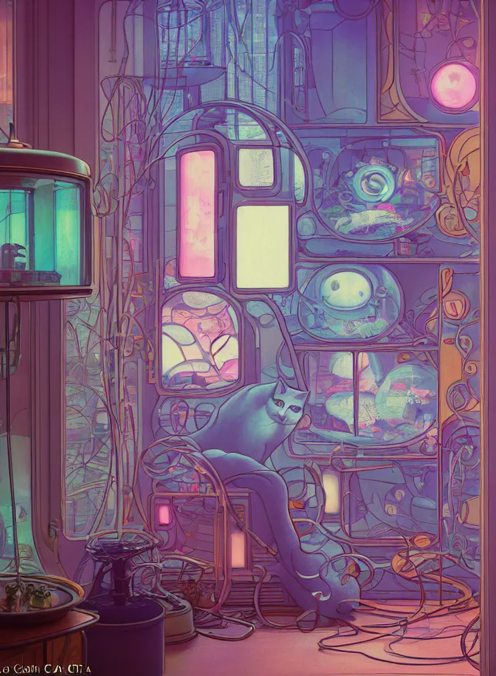 Image similar to telephoto 7 0 mm f / 2. 8 iso 2 0 0 photograph depicting the feeling of chrysalism in a cosy safe cluttered french sci - fi ( ( art nouveau ) ) cyberpunk apartment in a pastel dreamstate art cinema style. ( cat ) ( ( fish tank ) ), ambient light.