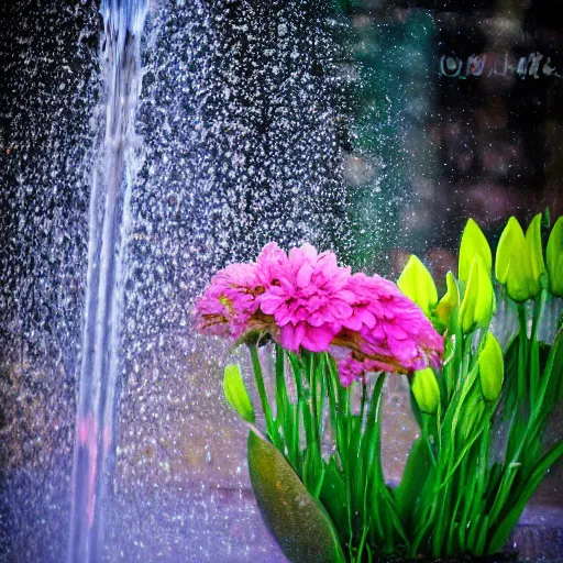 Image similar to photograph of flower fountain designed by Georgia O'Keefe, feminine, beautiful, curvy, flowers background, romantic, sensual, shallow depth of field, romantic lighting