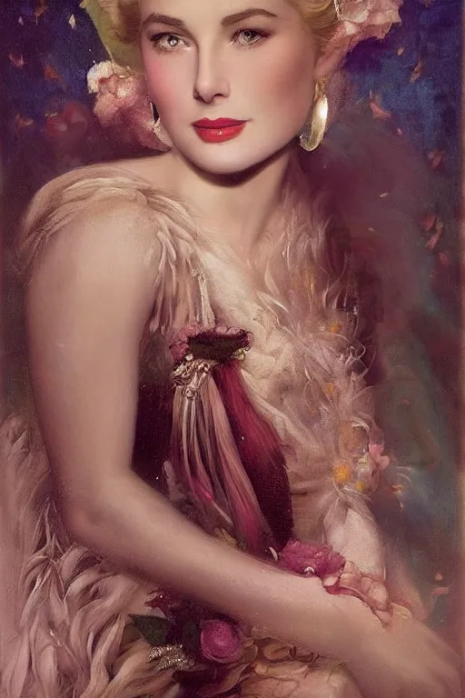 Image similar to A young and extremely beautiful Grace Kelly explaining the birds and the bees by Tom Bagshaw in the style of a modern Gaston Bussière, art nouveau, art deco, surrealism. Extremely lush detail. Melancholic night scene. Perfect composition and lighting. Profoundly surreal. High-contrast lush surrealistic photorealism. Sultry and mischievous expression on her face.