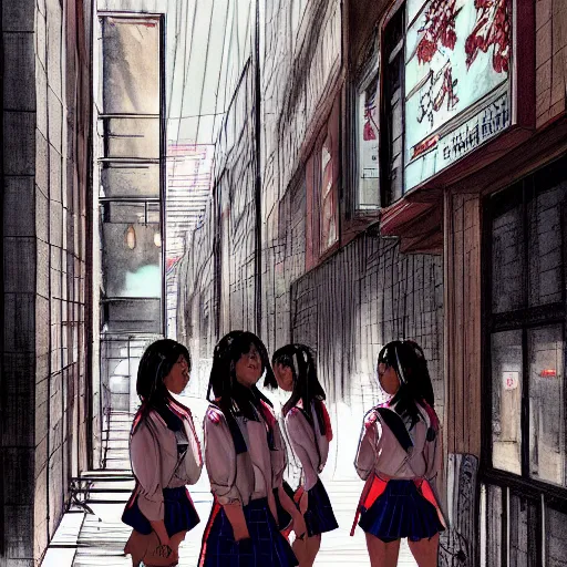 Image similar to a perfect, realistic professional digital sketch of a Japanese schoolgirls posing in a sci-fi alleyway, style of Marvel, full length, by pen and watercolor, by a professional American senior artist on ArtStation, a high-quality hollywood-style sketch, on high-quality paper