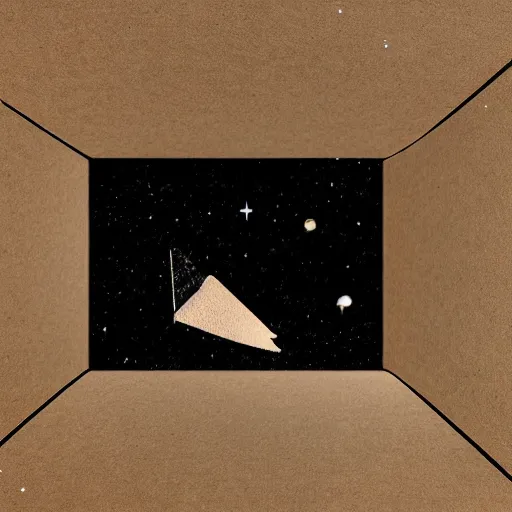 Prompt: into the unknown, whats at the edge of the universe, cardboard box sailboat in space, by lucas parolin, dark and moody, high detail, extremely sharp detail aspect ratio 1 1 by 1 4