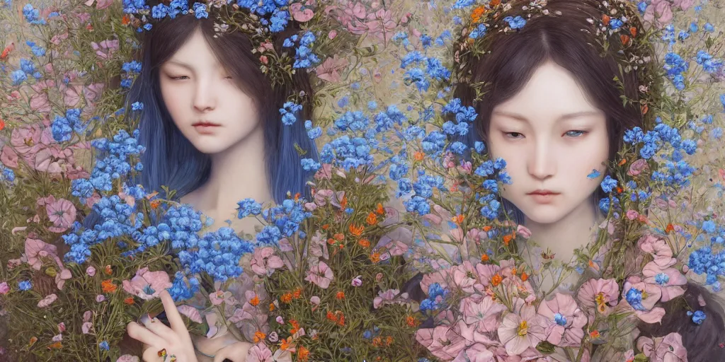 Image similar to breathtaking detailed concept art painting of the goddess of nemophila flowers, orthodox saint, with anxious, piercing eyes, ornate background, amalgamation of leaves and flowers, by Hsiao-Ron Cheng, James jean, Miho Hirano, Hayao Miyazaki, extremely moody lighting, 8K