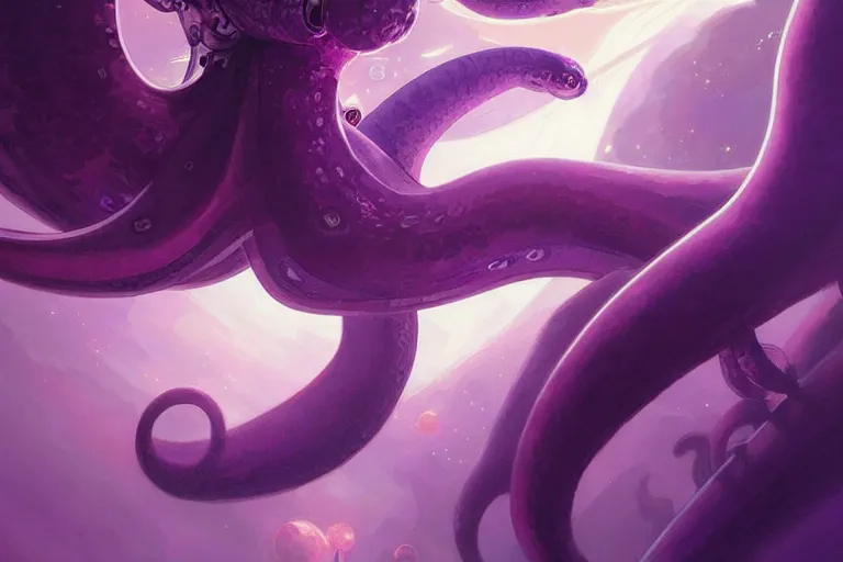 Prompt: Giant purple octopus attack in a space station, elegant, intricate, retrofuturistic digital painting, artstation, concept art, smooth, sharp focus, illustration, art by artgerm and greg rutkowski and alphonse mucha