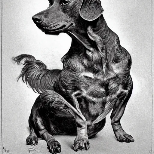 Image similar to portrait of a brindle dachshund, salt and pepper hair, soft hair, d & d, muscular, fantasy, intricate, elegant, highly detailed, smooth, sharp focus, illustration, art by frank frazetta and alphonse mucha