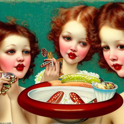 Prompt: closeup of 3 girlfriends, hot dogs and yogurt is a messy eating contest, wlop, elvgren, mucha, mark ryden