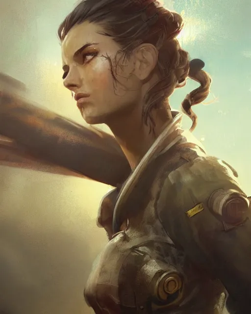 Image similar to fallout 5, concept art brunette female enclave officer portrait, concept art, outdoors mesa setting, spring time, slight overcast, atmospheric lighting, painted, intricate, volumetric lighting, beautiful, sharp focus, golden hour, ultra detailed by krenz cushart and wenjun lin