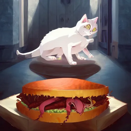 Prompt: deeply feared and terrified cat running away from the giant carnivorous sandwich, artstation hq, dark phantasy, stylized, symmetry, modeled lighting, detailed, expressive, true unsimulated emotions, created by hayao miyazaki