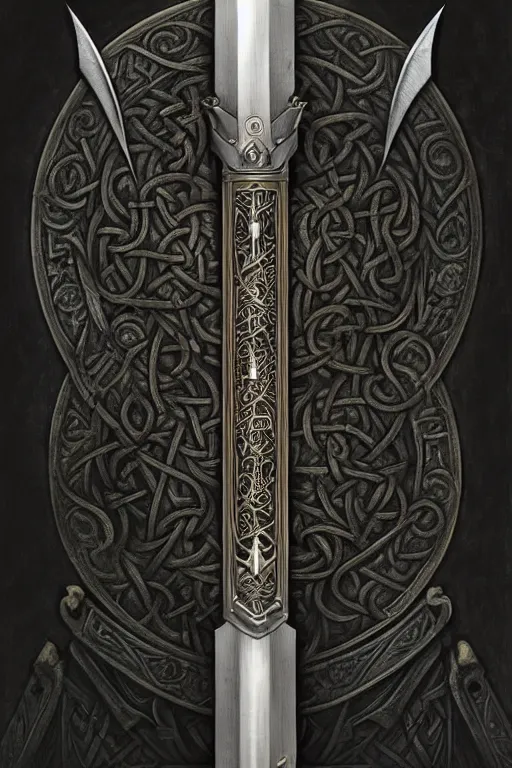 Prompt: masterpiece, medieval viking divine sword of power, shiny blade and stylized hilt, doom, elegant, majestic, epic, art by h. r. giger, greg rutkowski, josan gonzalez, alexey egorov, biomechanical, alchemy, monogram