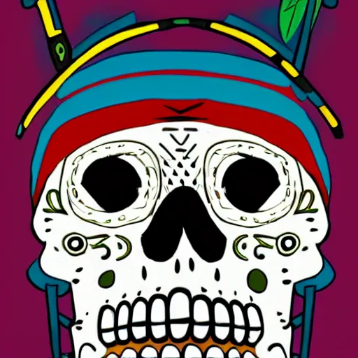 Prompt: manny calavera from grim fandango, game concept art, flat colours, bright colours, mexican day of the dead festival background by peter chan, artstation,