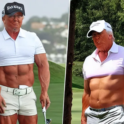 Prompt: trump body builder perfect physique short white shorts playing golf