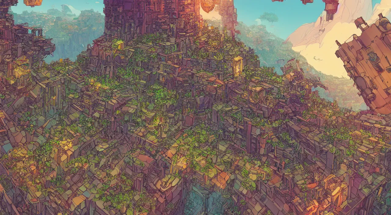 Image similar to open door wood wall fortress airship greeble block amazon jungle on portal unknow world ambiant fornite colorful that looks like it is from borderlands and by feng zhu and loish and laurie greasley, victo ngai, andreas rocha, john harris