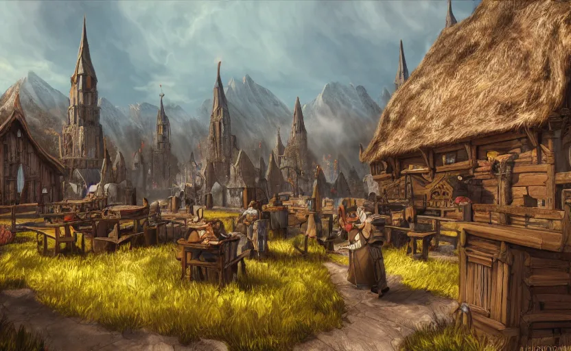 Image similar to whiterun in the style of pixar, disney, animated, cartoon, concept art, key art