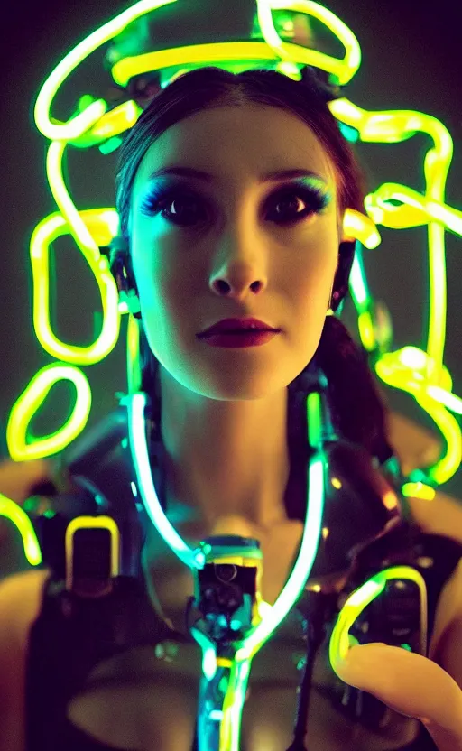 Prompt: “ a portrait of a beautiful cyberpunk woman with a robotic neck and glowing neon piercings, photography, 8 k dramatic lighting, strong depth of field ”