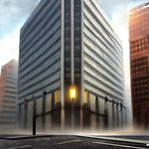 Prompt: a nut attacking the fbi headquarters, digital painting, high quality, volumetric fog