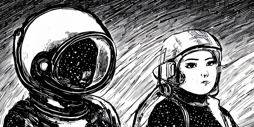 Prompt: etching portrait of a woman wearing a space helmet, manga art, chinese brush, scifi, big clouds visible in the background, stars in the sky, high contrast, deep black tones