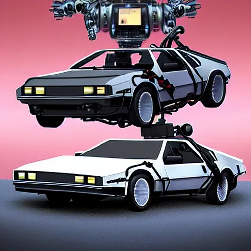 Prompt: robotic back to the future DeLorean with little robots attached to it flying around it big wheels matte painting artgerm