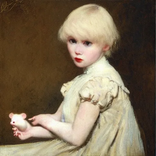 Prompt: girl with albino mouse, by alfred stevens