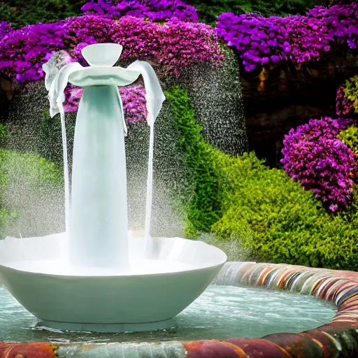 Prompt: photograph of Georgia O'Keefe flower sculptural fountain with flower petals and water flowing throughout, feminine, beautiful, curvy, flowers background, romantic, sensual, shallow depth of field