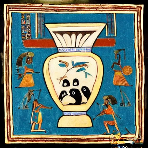 Prompt: AA photo of an Athenian vase with a painting of pandas playing basketball in the style of Egyptian hieroglyphics