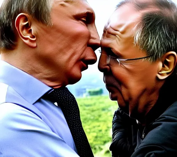 Image similar to vladimir putin kisses sergey lavrov, animals mating, lovely kiss, kiss mouth to mouth, romantic, emotional, love scene, insane details, clear face and eyes, textured, 8 k, professional photography, animal world, discovery channel