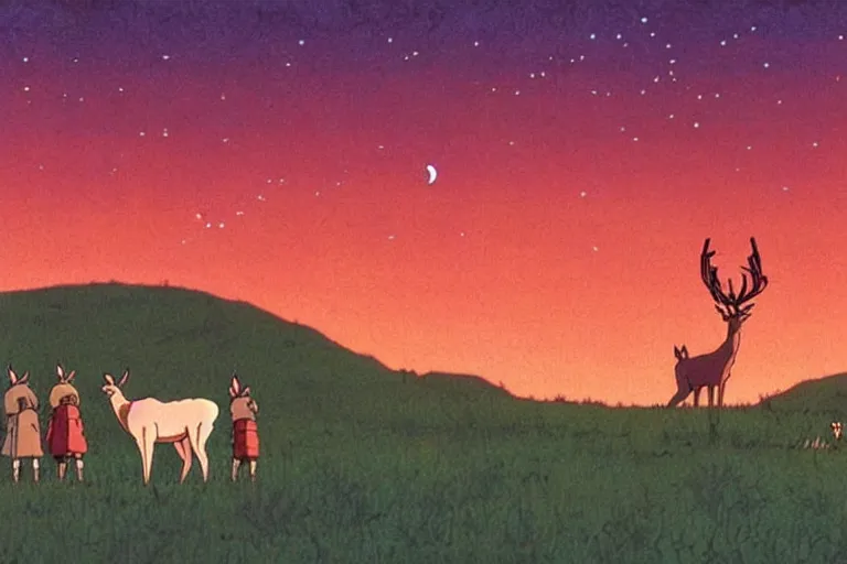 Image similar to a still from a studio ghibli film of a group of deer watching giant ufo from princess mononoke ( 2 0 0 4 ) at night on a desert road, full body, wide shot, very muted colors, post grunge, studio ghibli, laurie greasley, highly detailed, deviantart, art by artgem