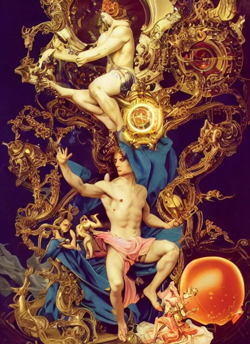 Image similar to full-body rococo and cyberpunk style sculpture of a young seductive Latino prince half android with a chest exposing circuitry, glowing pink seductive laser eyes, crown of blue sparks and diamonds, swirling orange-colored silk fabric, robotic raptors. baroque elements. full-length view. intricate artwork by caravaggio. art by Artgerm and Greg Rutkowski and Alphonse Mucha, Trending on artstation, cinematic industrial lighting, hyper realism, octane render, 8k, depth of field, 3D