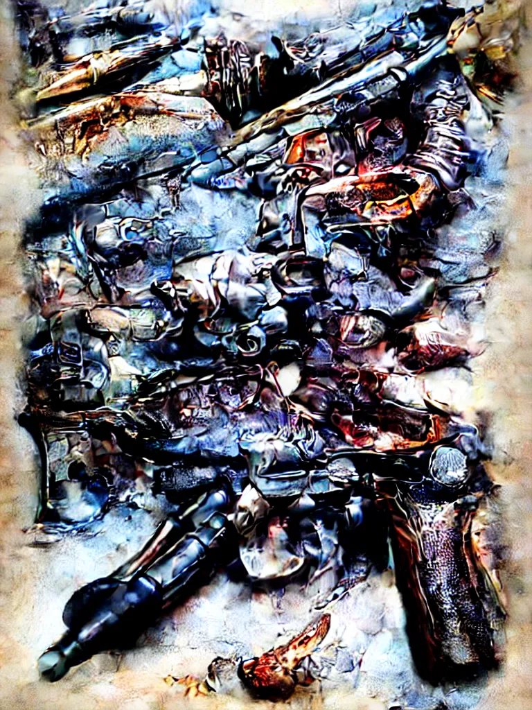 Prompt: carving of machine guns shotguns rifles revolvers bullets, dark vintage paperback cover, ultra-realistic, intricate fluid details, 4k