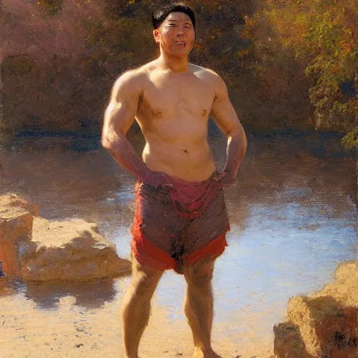 Prompt: asian man by the river, muscular, painted by Gaston Bussiere, Craig Mullins
