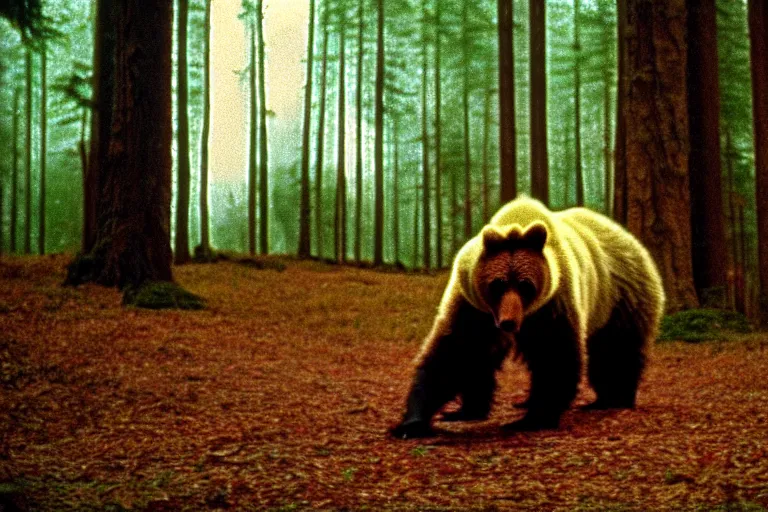 Prompt: a movie still of a bear in a forest by walerian borowczyk, immoral tales, grain, technicolor, high definition, remastered, wide angle, 7 0 mm, wide shot, cinematic