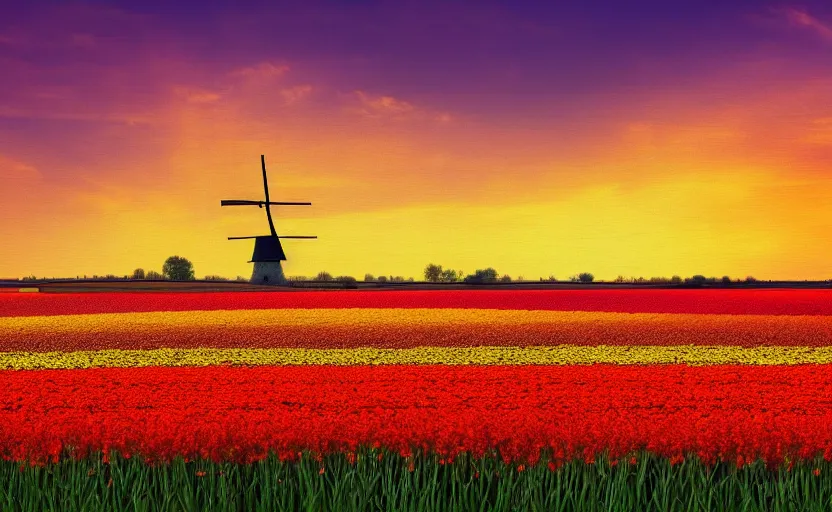 Prompt: a beautiful landscape in the netherlands with a flower field at sunset, in the style of peter graham