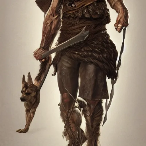 Image similar to portrait of a gruff ranger carrying the holy lance of longinus, Cain, muscular, hairy torso, a wolfish dog at his feet, intricate, elegant, highly detailed, digital painting, artstation, concept art, matte, sharp focus, illustration, art by Artgerm and Greg Rutkowski and Alphonse Mucha