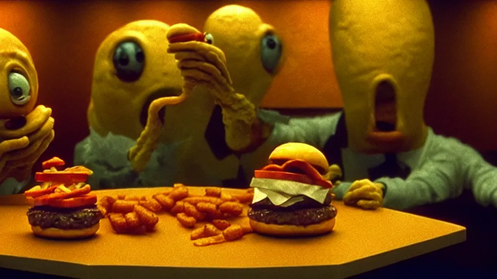 Image similar to the disdainful cheeseburger creature at the fast food place, film still from the movie directed by denis villeneuve and david cronenberg with art direction by salvador dali and zdzisław beksinski, wide lens