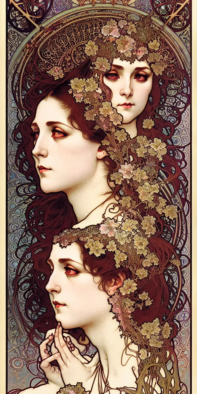 Prompt: a seamless pattern of realistic detailed face portraits of Ethereal Gothic Mata Hari by Alphonse Mucha, Ayami Kojima, Yoshitaka Amano, Charlie Bowater, Karol Bak, Greg Hildebrandt, Jean Delville, and Mark Brooks, face portraits arranged in a damask pattern, Art Nouveau, Pre-Raphaelite, Neo-Gothic, gothic, Art Nouveau, intricate fine details, exquisite, rich deep moody colors, beautiful detailed background