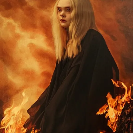 Prompt: Elle Fanning in a black robe holding fire on the beach, head and shoulders portrait, stormy weather, extremely detailed masterpiece, Roger Deakin’s cinematography, oil on canvas, Johannes Vormeer,