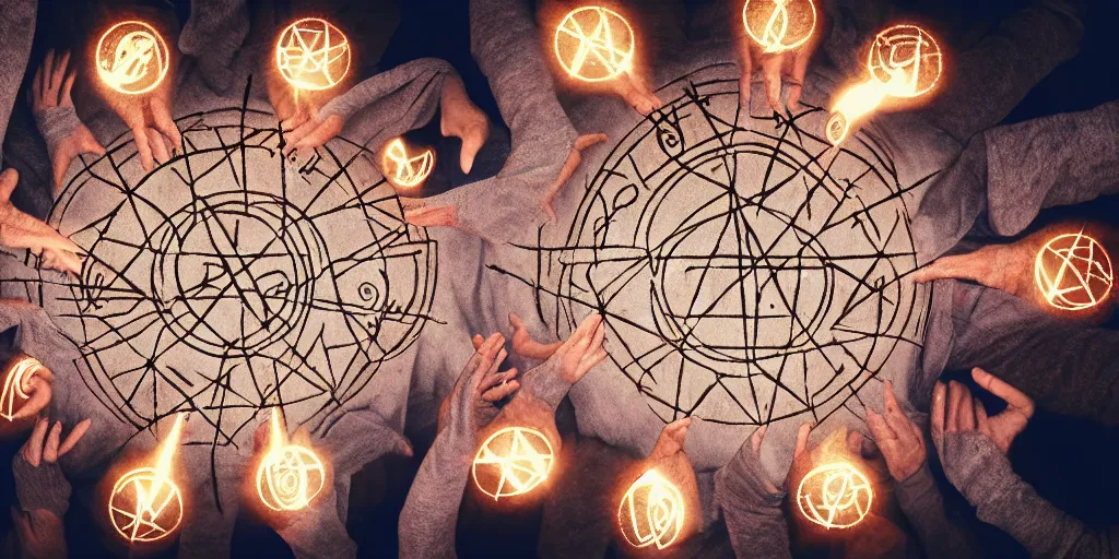 Image similar to group of mages in a circle, wearing hoods, casting a spell, runes surrounding the center, mysterious